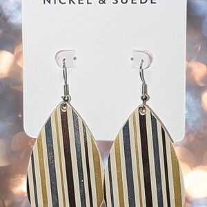 Nickel & Suede Striped Teardrop Earrings - Gold, Silver, Black